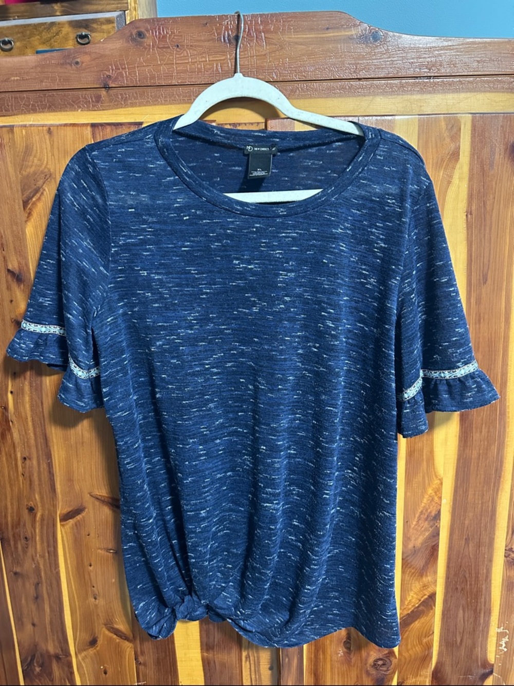New Directions Navy Speckled Short Sleeve Tee with Patterened Trim